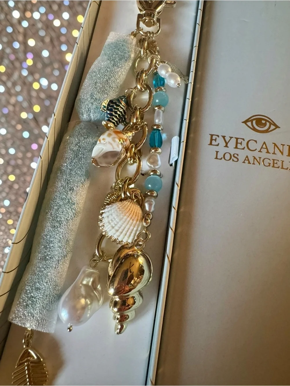 eye candy Gold & Light Blue Pearl Shell Keychain Charm
